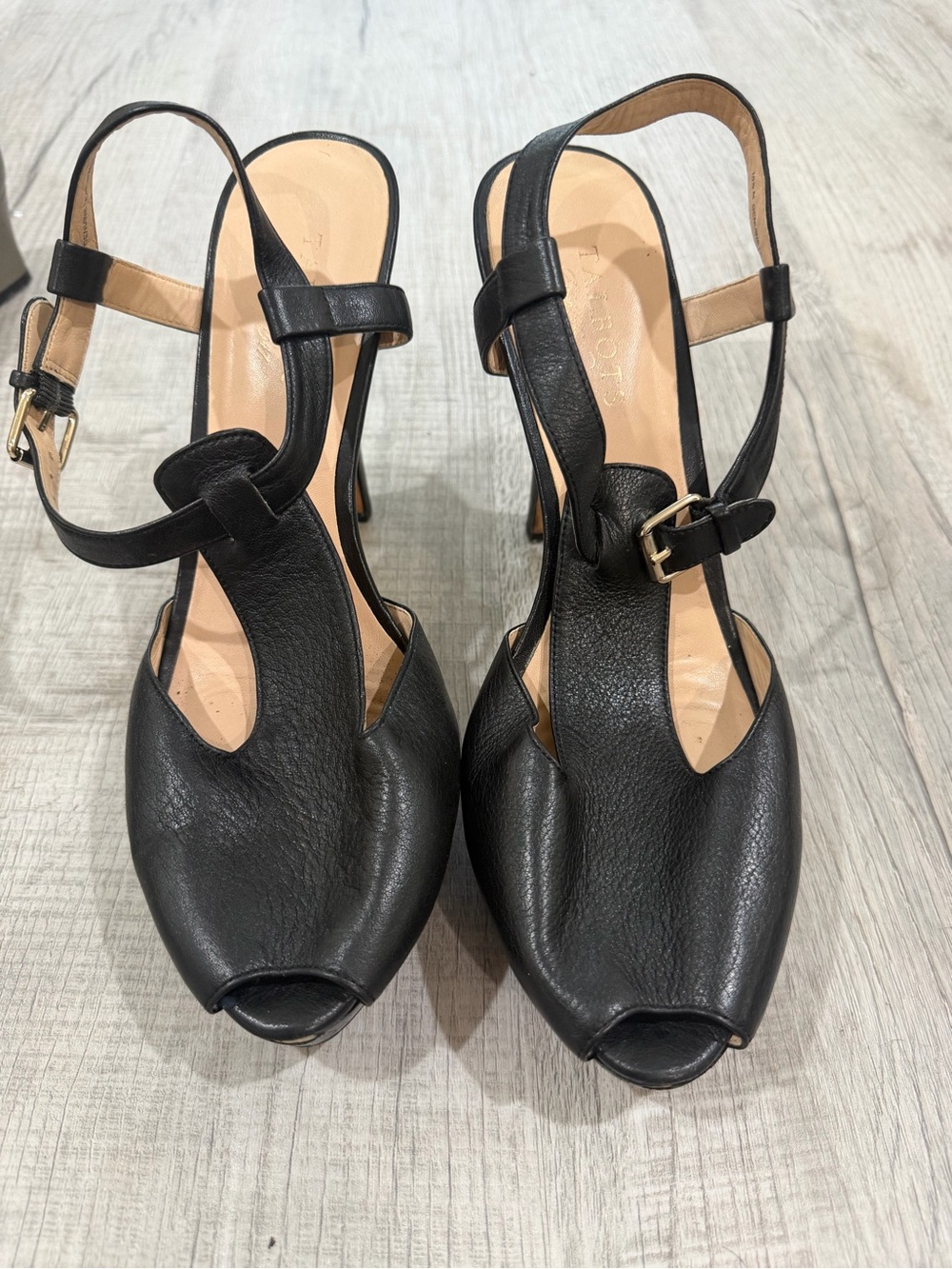 Talbots Black Leather Peep-Toe Slingback Heels with Buckle Detail